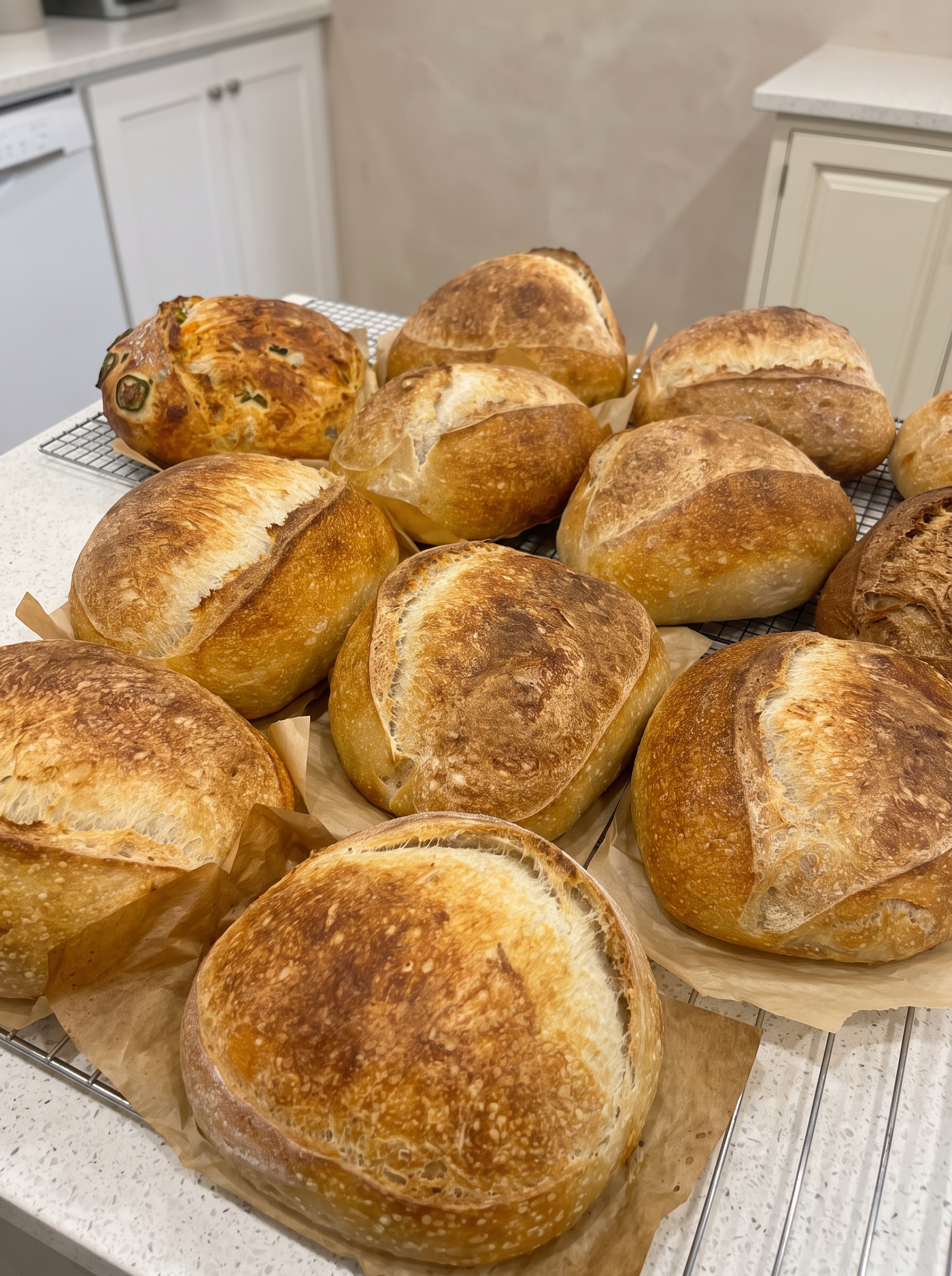 Golden sourdough boules cooling on a wire rack